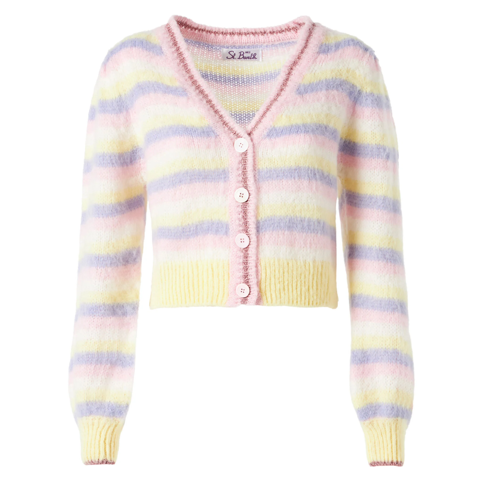 Kurzer Cardigan aus angerautem Strick mit Puffärmeln und Lurex-Details