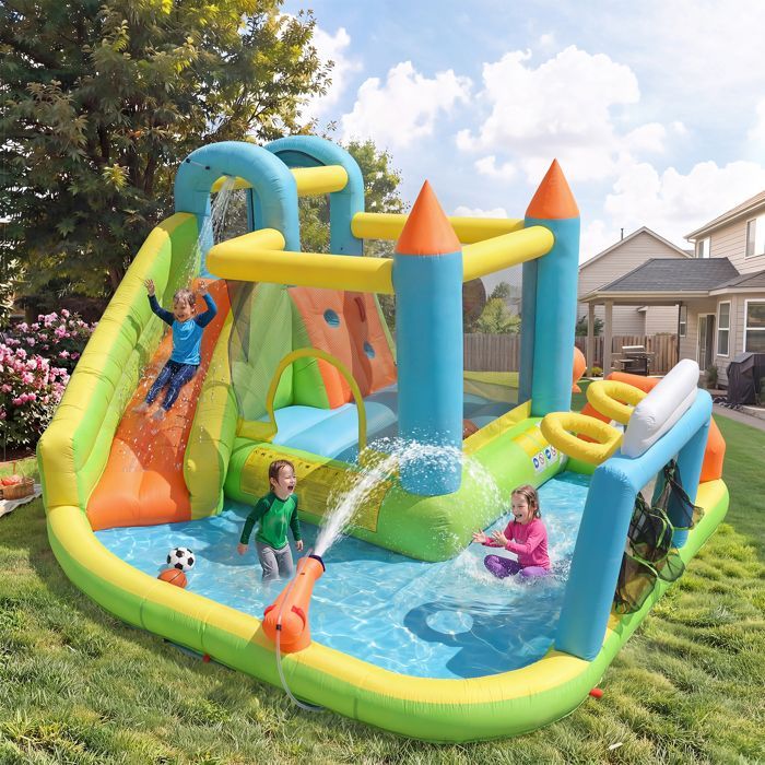 Luscriate – Aufblasbare Hüpfburg für Kinder (360 x 320 x 200 cm) mit Gebläse, Rutsche, Pool, Basketballkorb und Fußballtor – für draußen