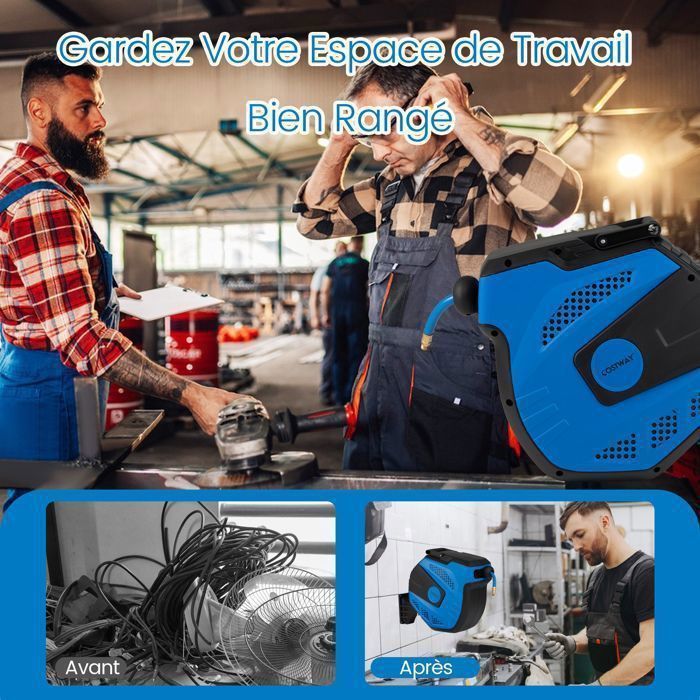 Carrete automático para manguera de aire comprimido de 15 m + 1,5 m COSTWAY - Soporte giratorio de 180° - Conector de 1/2