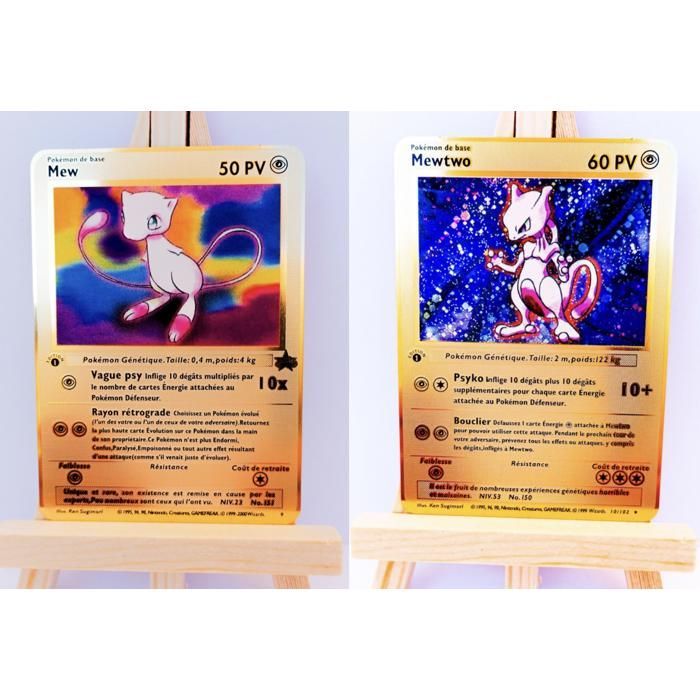 Lote de 2 cartas metálicas de Pokémon: Mew + Mewtwo, versión francesa de 1996.