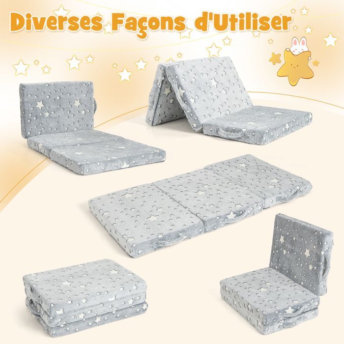 COSTWAY Tapis de Sieste Pliable en 3 Parties pour Enfants, Matelas de Sol Phosphorescent avec Sac de Rangement, Housse Amovible