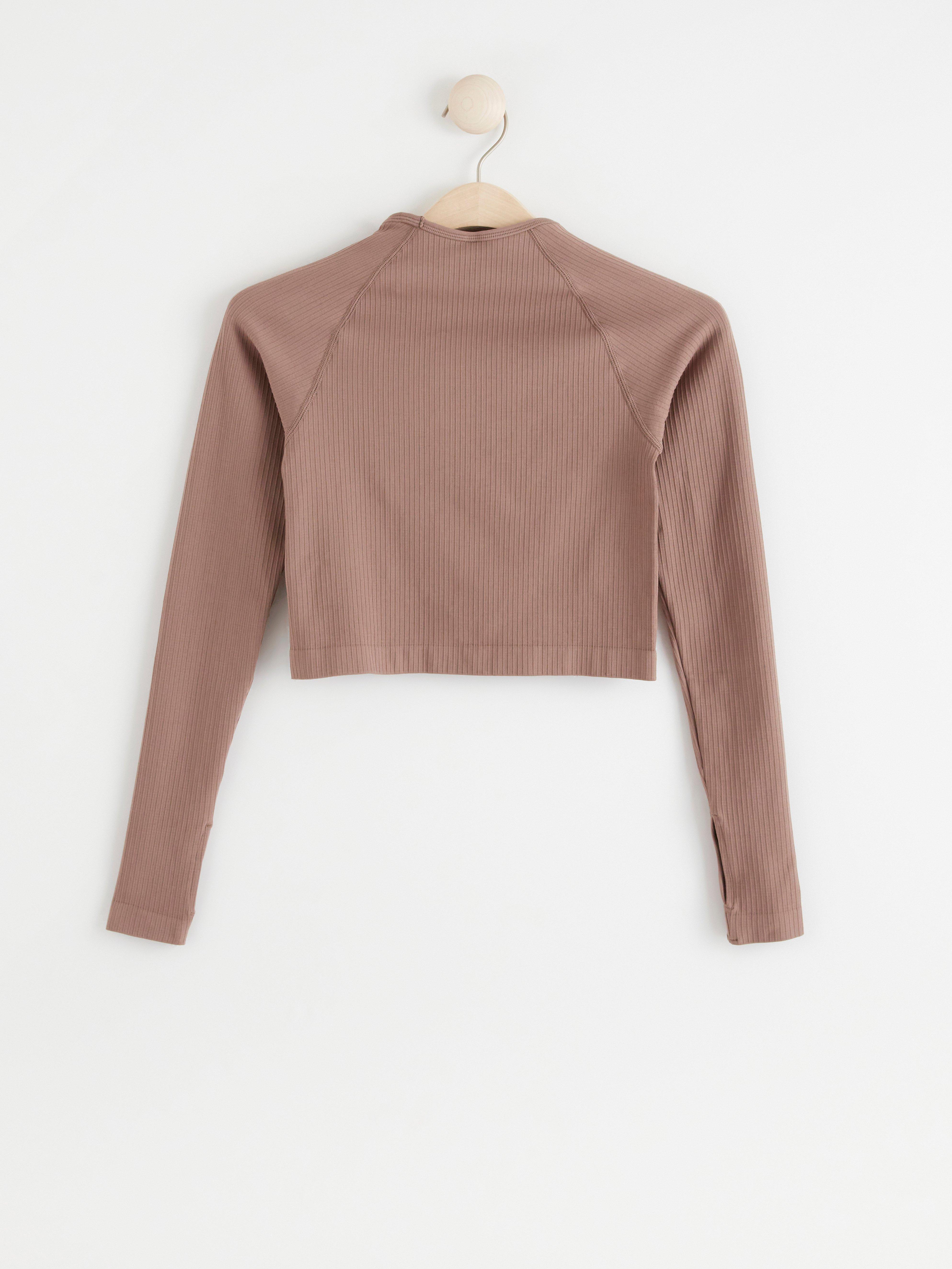 Sömlös ribbad och croppad sporttopp Light Dusty Brown