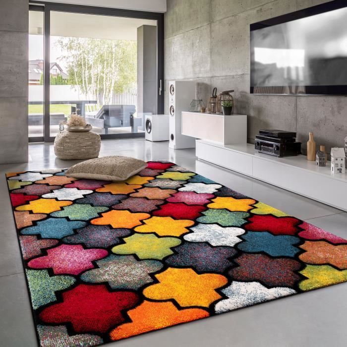 Alfombra Paco Home para sala de estar/dormitorio, para adultos, pelo corto, diseño oriental moderno en 3D, rojo, amarillo, azul, 200x290 cm