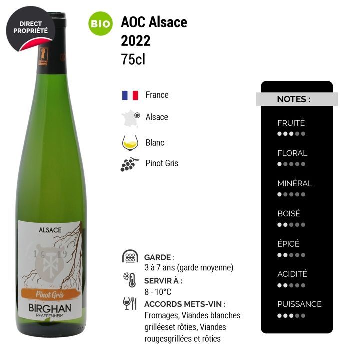 Birghan Alsace Pinot Gris 2022 - Vin Blanc d' Alsace (6x75cl) BIO