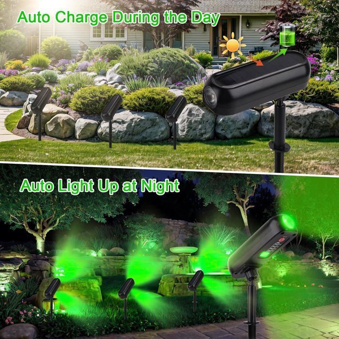 Juego de 4 focos solares verdes, luces solares para exteriores, resistentes al agua IP65, proyectores solares para exteriores con 2 modos de iluminación.