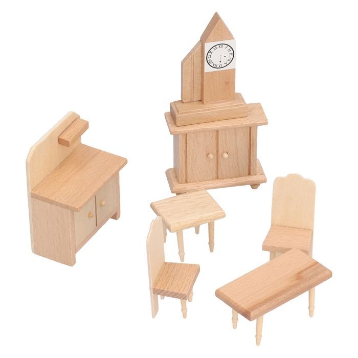 Conjunto de muebles de madera para una pequeña casa de muñecas a escala 1:12, accesorios de madera en miniatura, mesa, silla, armario.
