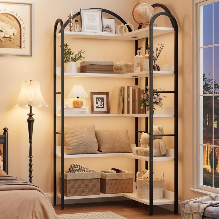 Libreria angolare a 5 ripiani, scaffale angolare in legno e metallo, unità di stoccaggio, scaffale portaoggetti