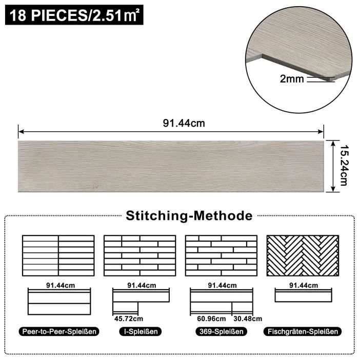 Revêtement de sol PVC - LILIIN - Dalles autocollantes - 91,44 x 15,24 cm - Imperméable - 18 pièces