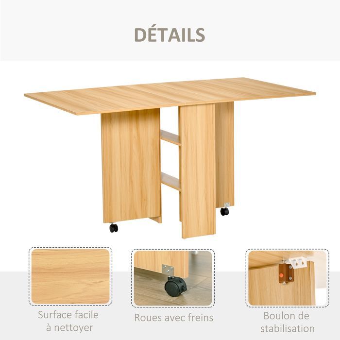 Table pliante - HOMCOM - cuisine salle à manger amovible sur roulettes 2 étagères bois - bois - 80x140x74cm - naturel