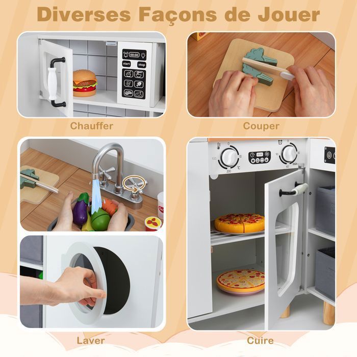 Cuisine Enfants 3Ans+ XXL COSTWAY Interactive -12 Accessoires,Machine à Café, Lave-linge, Bacs en Tissu Gris Clair