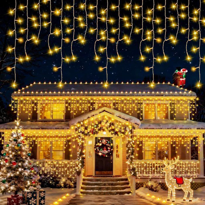 Christmas Outdoor String Lights, 9+2M 162 LEDs, Outdoor Curtain Lights with 8 Modes & Timer, IP65 Waterproof, Christmas Decoration