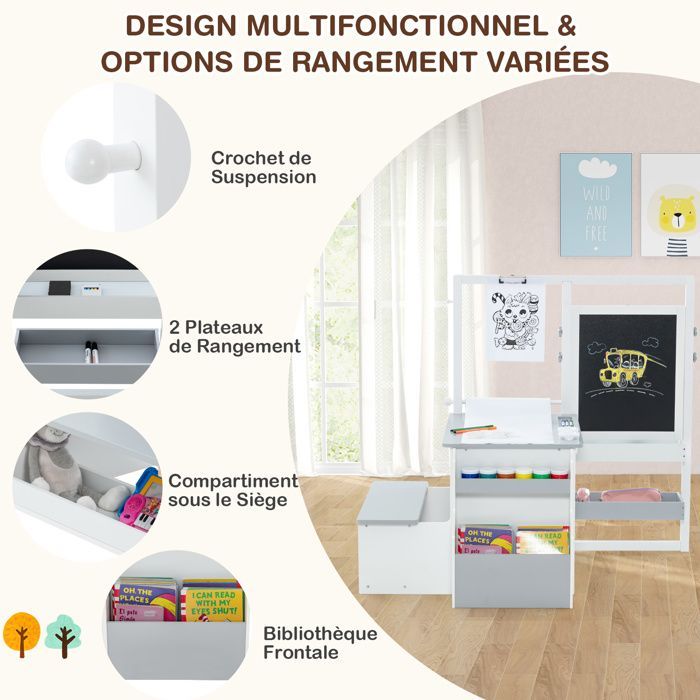 Mesa infantil GOPLUS para mayores de 3 años con silla y pizarra blanca negra ajustable + almacenamiento - Rollos de papel intercambiables, gris y blanco
