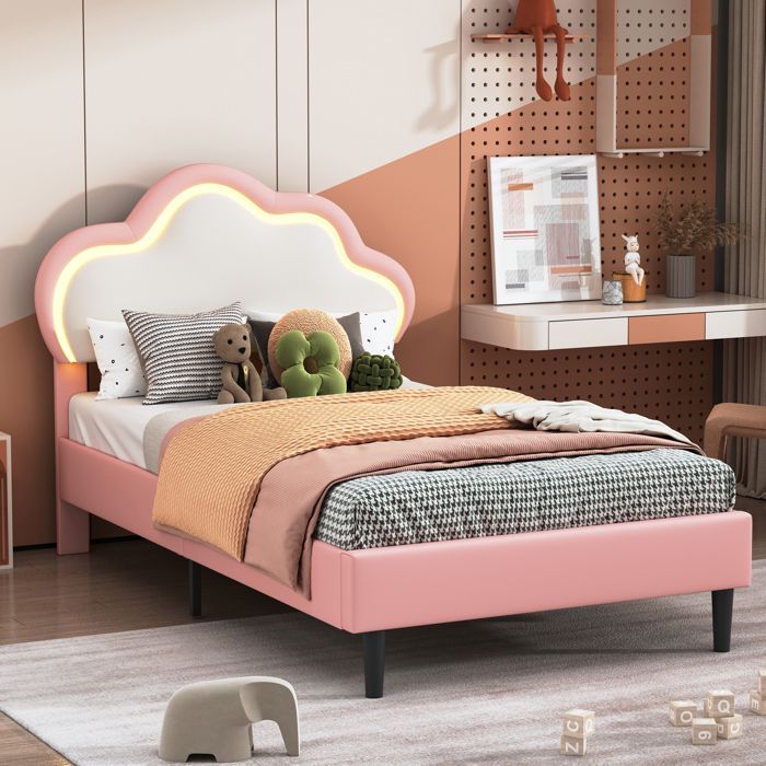 Cama individual de 90x200 cm, cabecero con forma de nube, iluminación LED, cama infantil, color rosa.