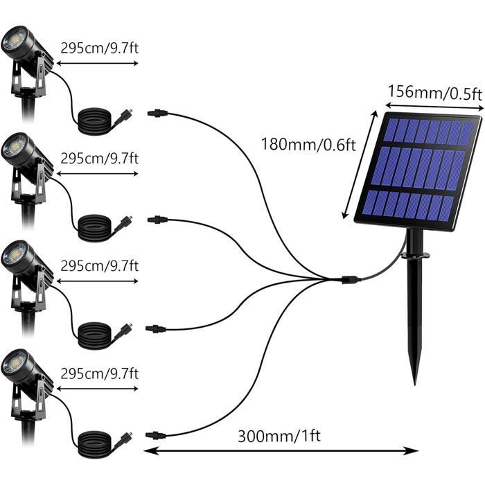 Conjunto de 4 holofotes solares, luzes solares para jardim, luzes solares externas à prova d'água, refletores solares LED de 3000K com cabo de 12 m.