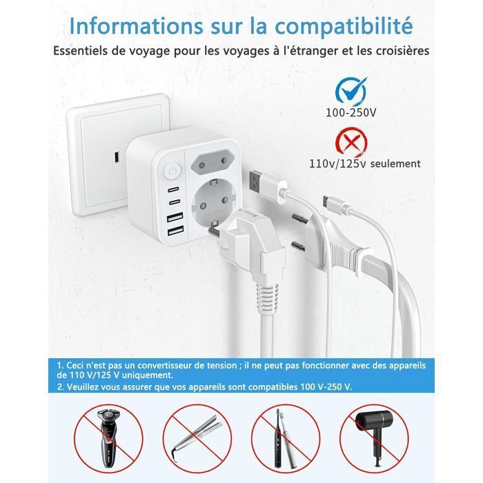 Enchufe de viaje internacional - Conector de viaje de Francia a Japón con 4 puertos USB - Conector tipo A para Japón y Canadá