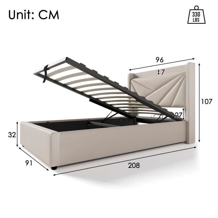 ModernLuxe 90x200cm Storage Bed - Single Bed with USB Port + Slatted Base + Linen Fabric - Beige