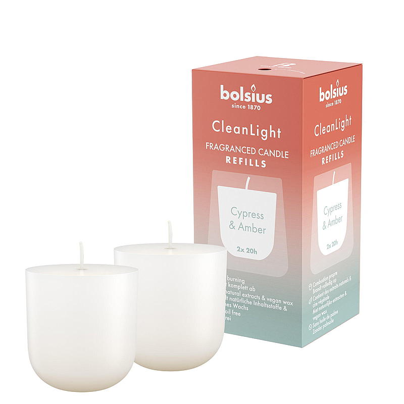 Bolsius Clean Light 2er-Pack Nachfüllpackung Zypresse & Bernstein