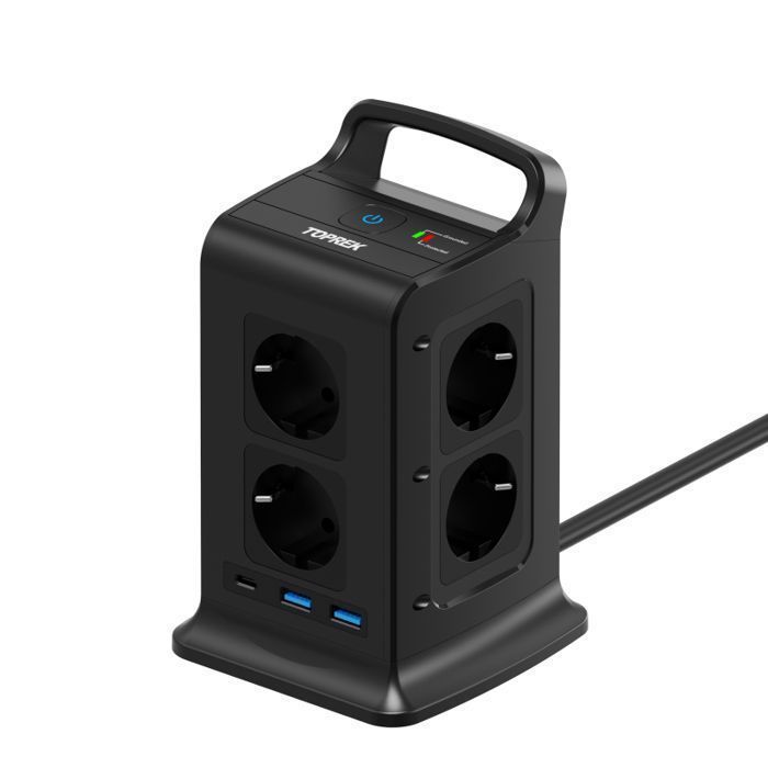 Tower Power Strip Surge Protector with 8 EU Outlets and 3 USB-A Ports - 2m Cord with Switch - 16A/4000W - Black