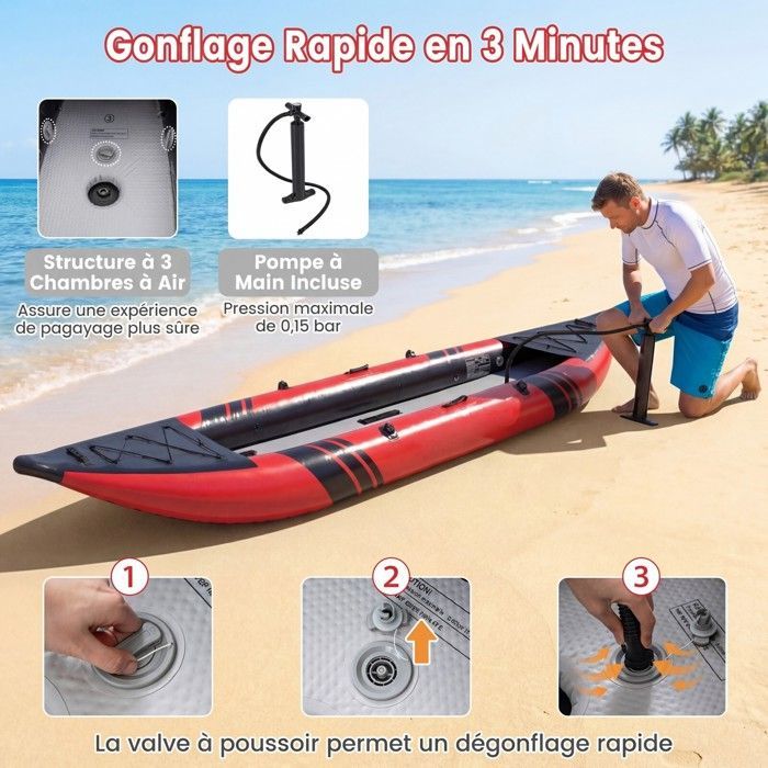 Kayak hinchable COSTWAY para 2 personas, 381x94x40cm - 2 remos de aluminio, 2 aletas desmontables, kit de reparación, bomba manual - 230kg - Rojo
