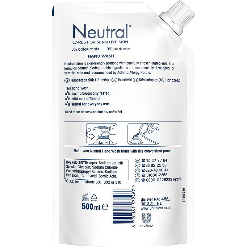 Neutrale handzeep 500 ml parfumvrije navulling Neutraal