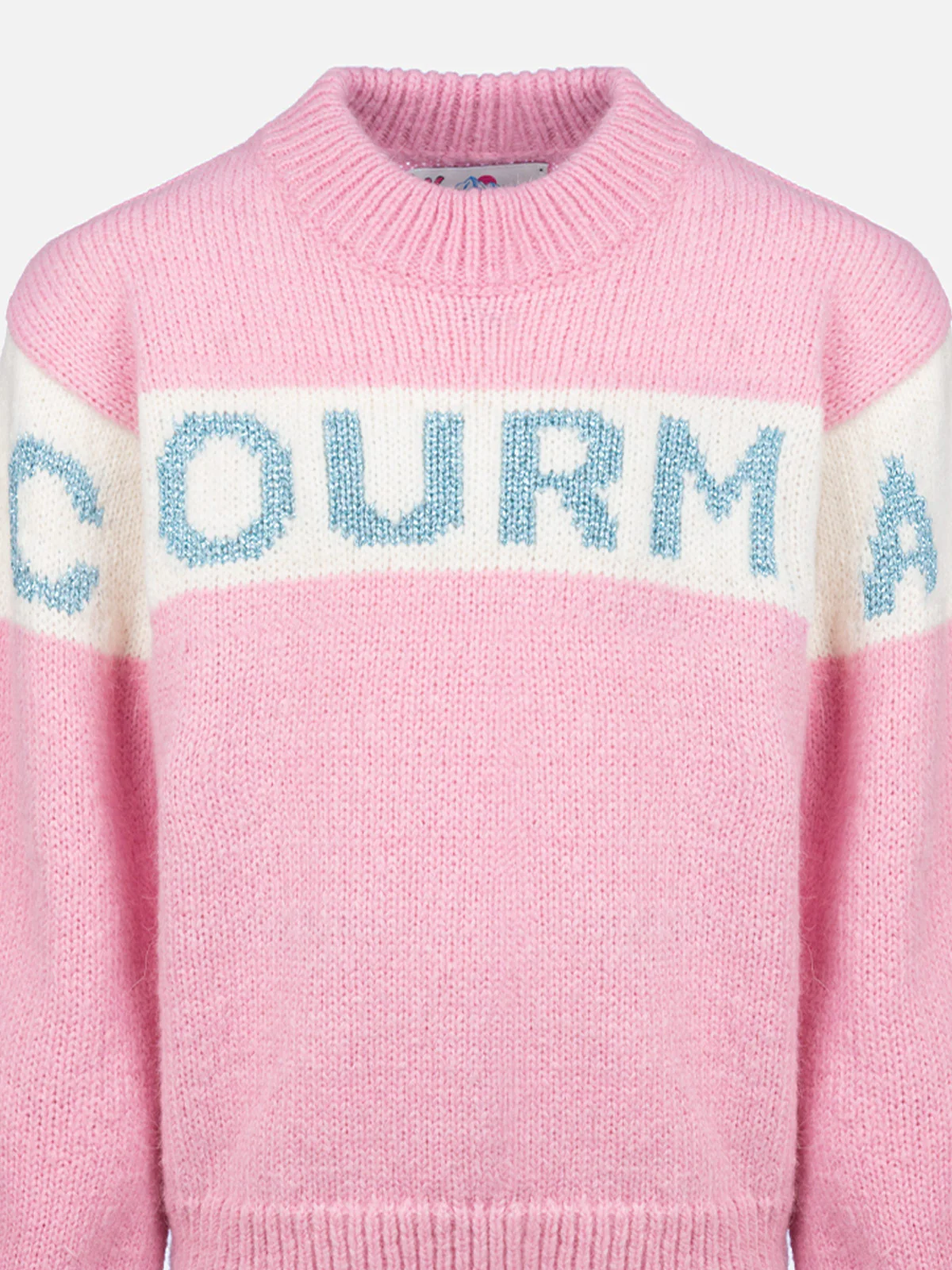 Roze Danya trui met ronde hals en Courma lurex logo