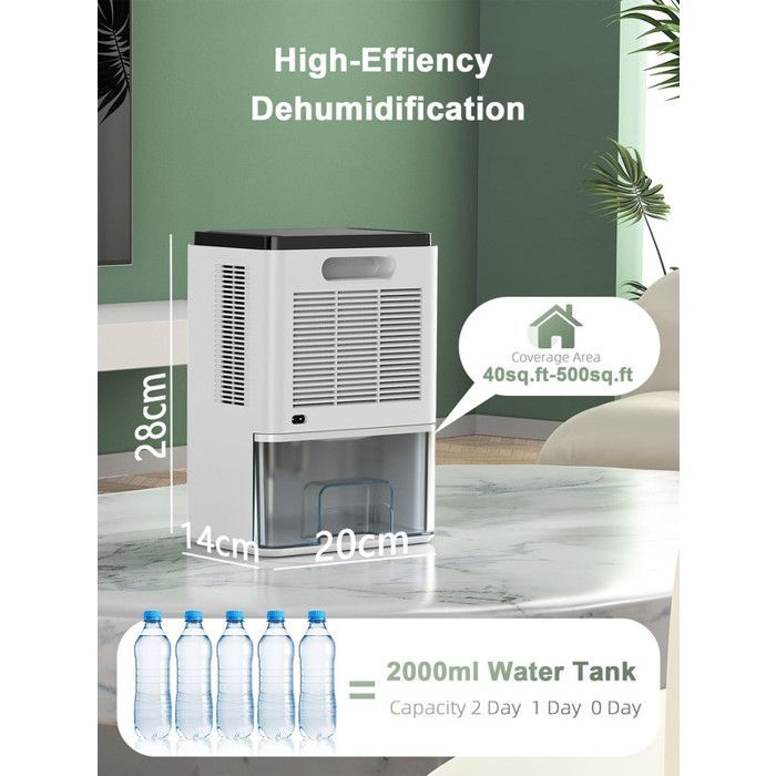 Deumidificatore d'aria portatile antimuffa da 2000 ml con sbrinamento automatico e timer per casa, bagno, camera da letto e armadio.