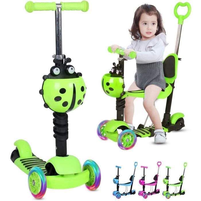 Trottinette Vert pour Enfants avec Siège Amovible, Réglable et Poignée de Poussée,Trottinette Légère avec Roues Lumineuses