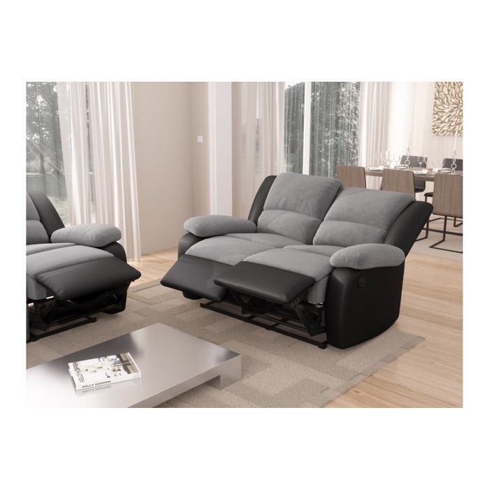Canapé de Relaxation électrique 2 places Microfibre et Simili LEO - Gris et Noir - L143 x 93 x 96cm - LOUNGITUDE
