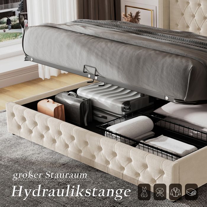 Letto contenitore - TKOPY - Letto matrimoniale per adulti 140x200 cm, letto imbottito con rete a doghe e vano contenitore, velluto beige