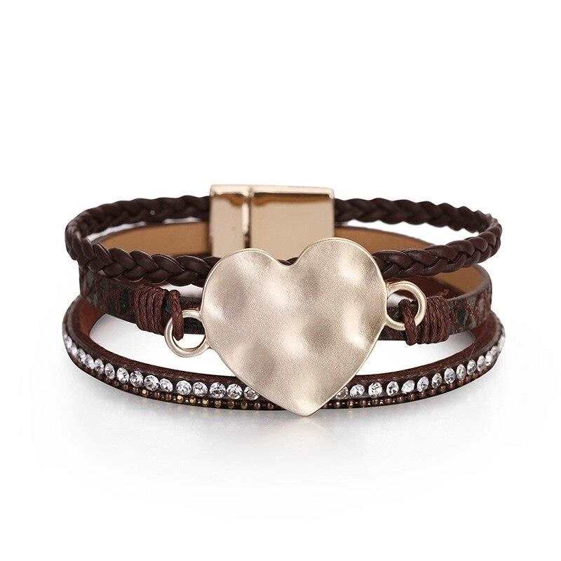 Multilayer PU Leather Bracelets with Magnetic Buckle – Gold-Plated Metal Heart-Shaped Clasp – Bohemian-Style Snake-Print Leather Jewelry