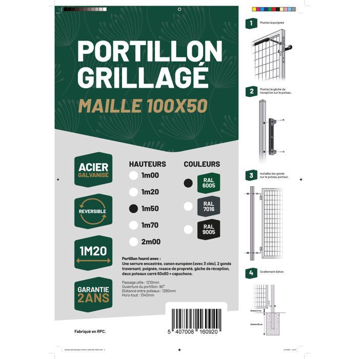 Puerta de malla de acero galvanizado, malla de 100 x 50 mm, 1,20 m x 1,50 m, verde.