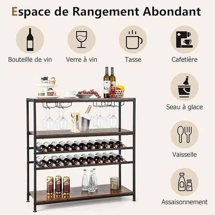 Botellero GOPLUS de 5 niveles con capacidad para 22 botellas, 4 soportes para copas y 3 estantes de almacenamiento, ideal para cocina, despensa, bodega o bar.