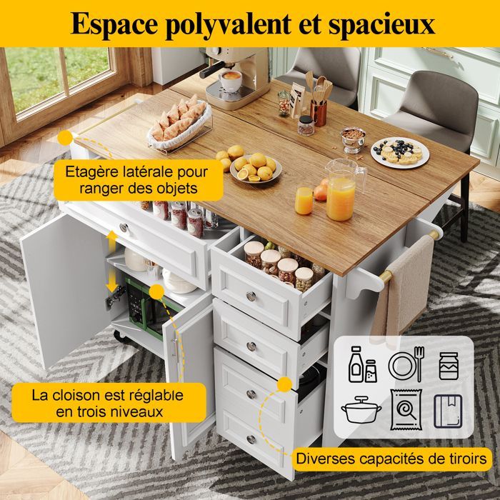 Îlot de cuisine - GENERIQUE - Buffet roulant extensible - 3 étagères réglables - Tiroirs & étagères latérales - MDF/métal 60 kg