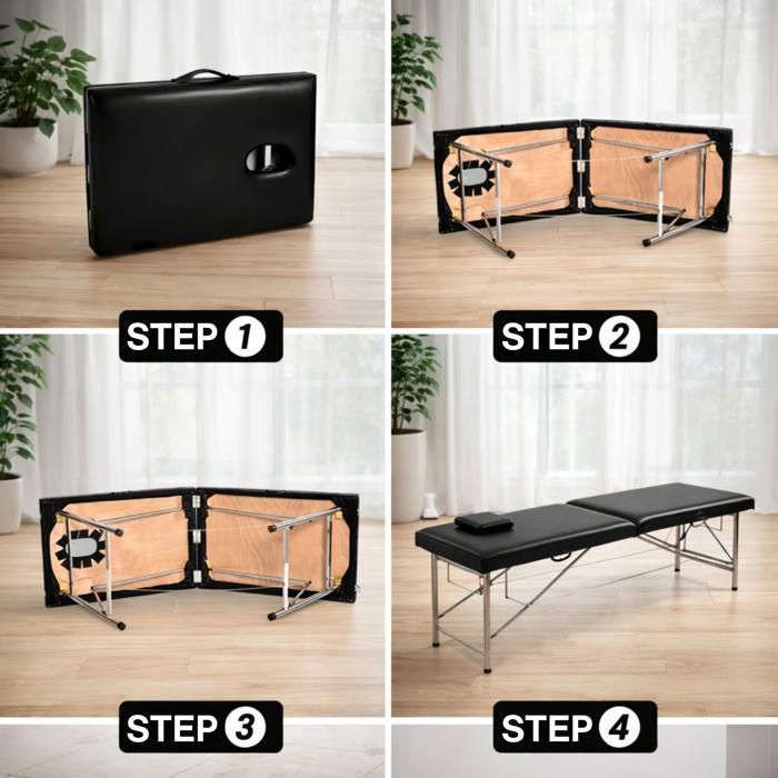 Fitby Table de Massage Pliante Maya 2 Plans - Légère et Ergonomique - Poignée Intégrée - Aluminium - Noir