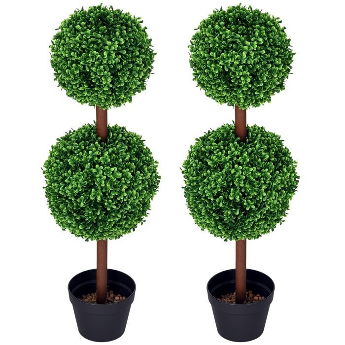 Boj artificial - HOMCOM - juego de 2 bolas dobles con tronco y maceta incluidos - decoración - plástico - altura 90 cm - verde