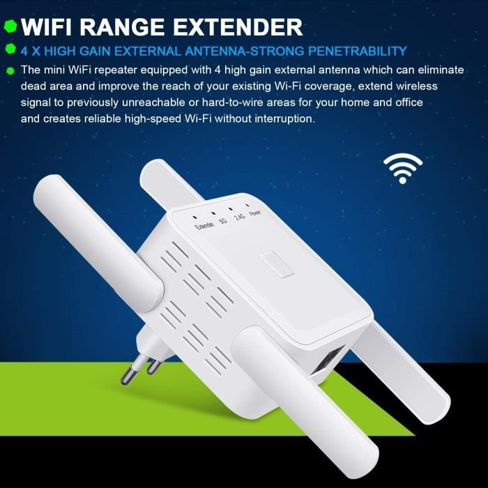 WiFi-versterker, WiFi-repeater, krachtige draadloze WiFi-versterker, 1200 Mbps 2,4 GHz/5 GHz WiFi-extender met toegangspunt