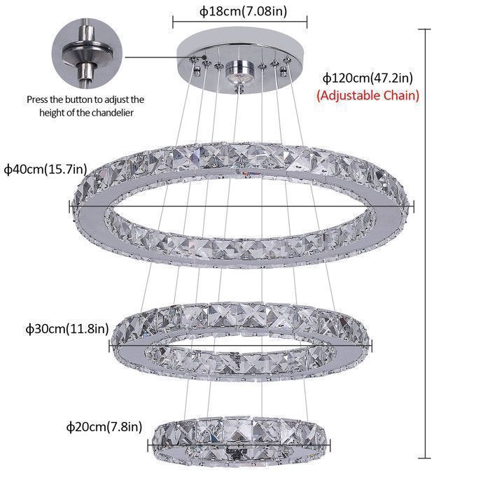 Lustre LED 3 anneaux en cristal Swarovski - Effet prisme, finition chromée pour salles à manger de luxe