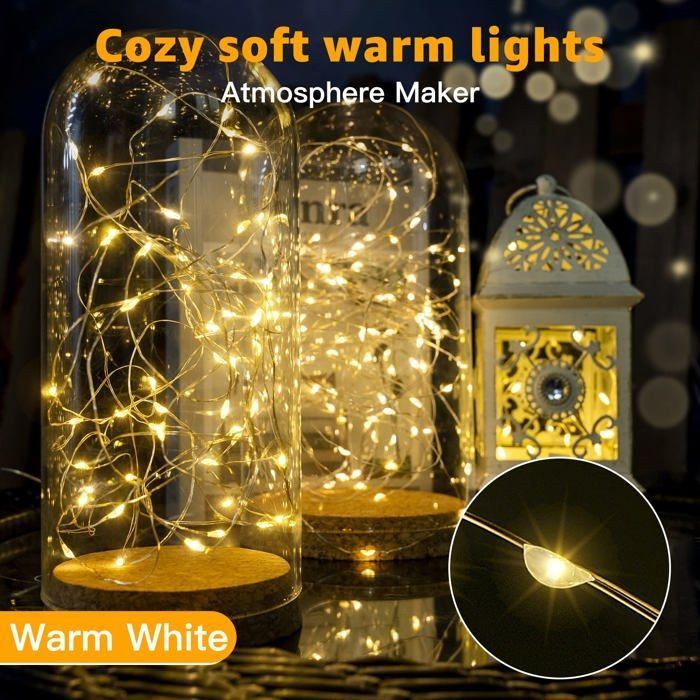 Battery-operated string lights, 10m, 100 LEDs, for indoor and outdoor use, copper wire, small Christmas lights (warm white)