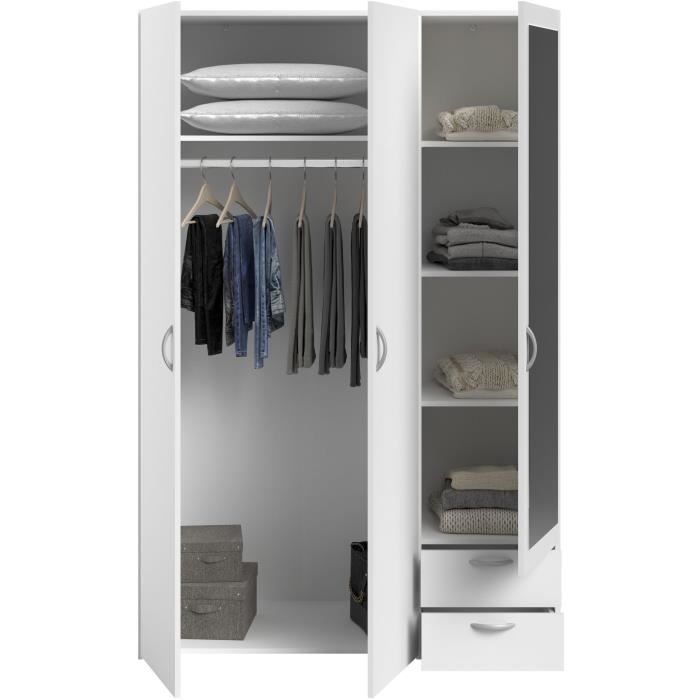 Conjunto completo de dormitorio ZODIAC para adultos: cama de 140x190 cm con cajonera + armario de 3 puertas y 2 cajones + 2 mesitas de noche - Acabado blanco - PARISOT