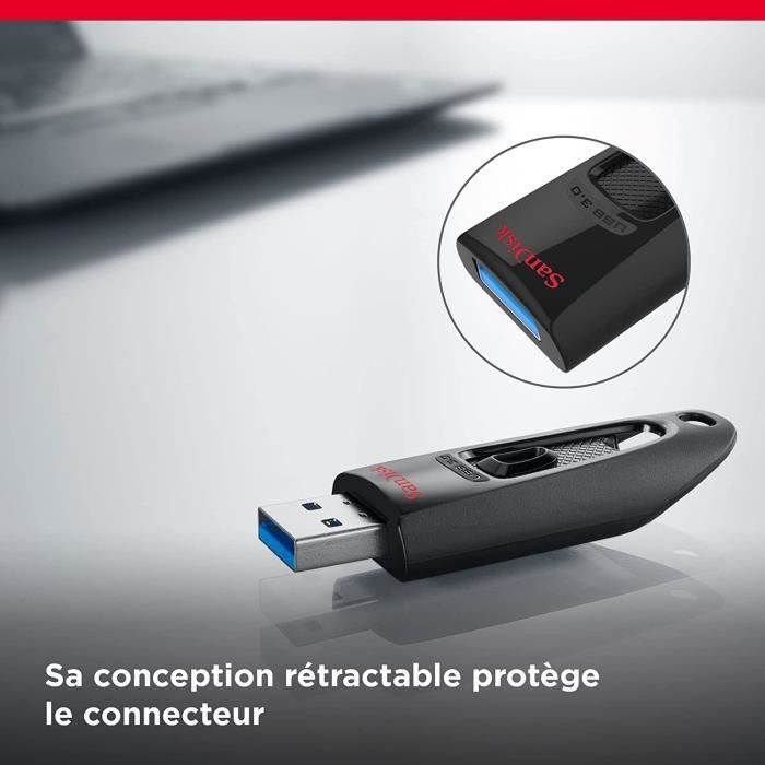 Chiavetta USB 3.0 SanDisk Ultra da 128 GB, con velocità di lettura fino a 130 MB/s, colore nero.