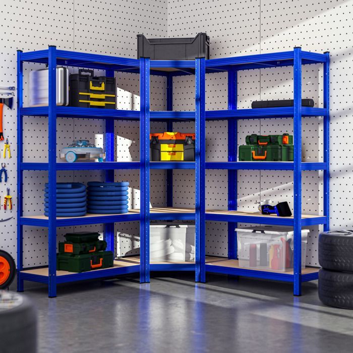 MONZANA® Juego de 3 estanterías de alta resistencia, 5 niveles, color azul, estantería metálica modular, capacidad de 2625 kg, estantería de esquina para garaje o taller.