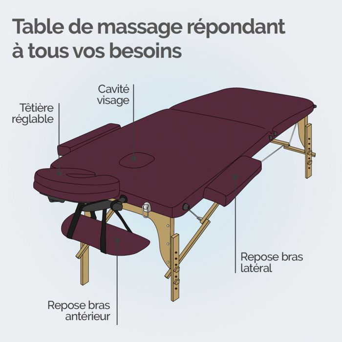 Folding 2-section wooden massage table with Reiki panel + Accessories and carrying case - Plum - Vivezen