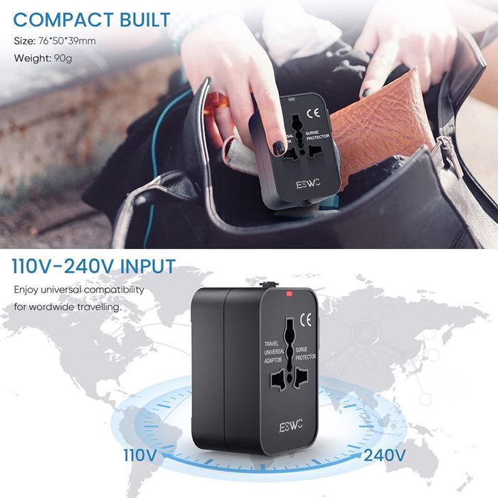 Adaptador de viaje - JESWO - Universal - 2 puertos USB - Ignífugo - 200 países