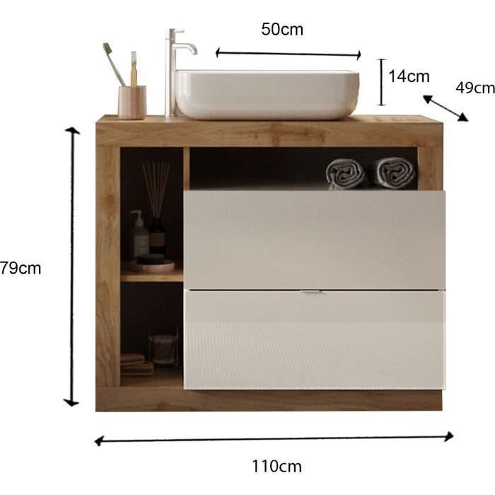 Bathroom vanity unit 110cm with single sink + tall cabinet - Light oak and white lacquer finish - HAMBURG