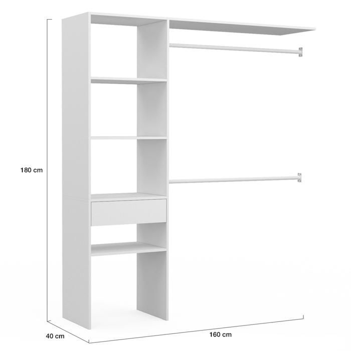 IDMARKET MELINE kledingkastset 160 x 40 x 180 cm wit met planken + lade + dubbele kledingstang