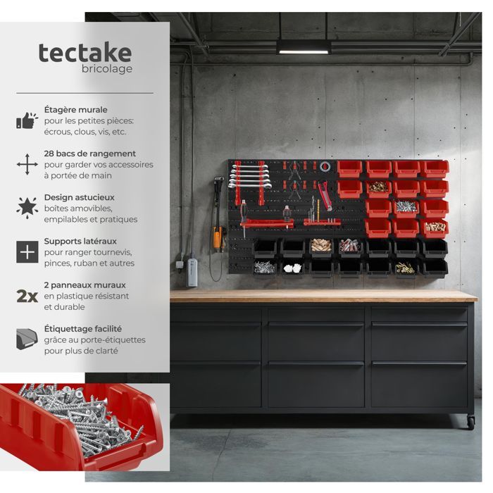 Organizador - TECTAKE - Cargador de piezas pequeñas con 28 cajas apilables, soportes para herramientas y portatarjetas.