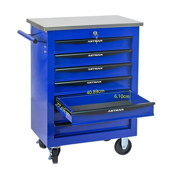 Carrello portautensili - 7 cassetti - Acciaio inox - Ruote piroettanti - Serratura a chiave