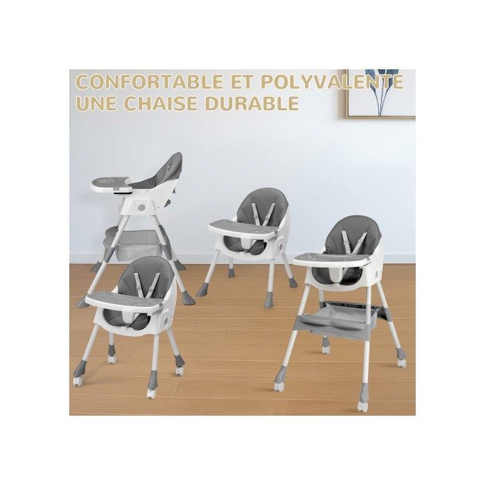 Baby High Chair - ALIGHTUP - Convertible high chair, reclining backrest, compact fold, adjustable, multi-functional - Grey