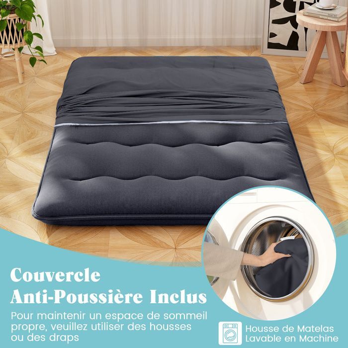 Colchón futón COSTWAY de 140 x 200 cm, con sobrecolchón extraíble y lavable, colchón portátil para suelo con bolsa de transporte para camping, color negro.