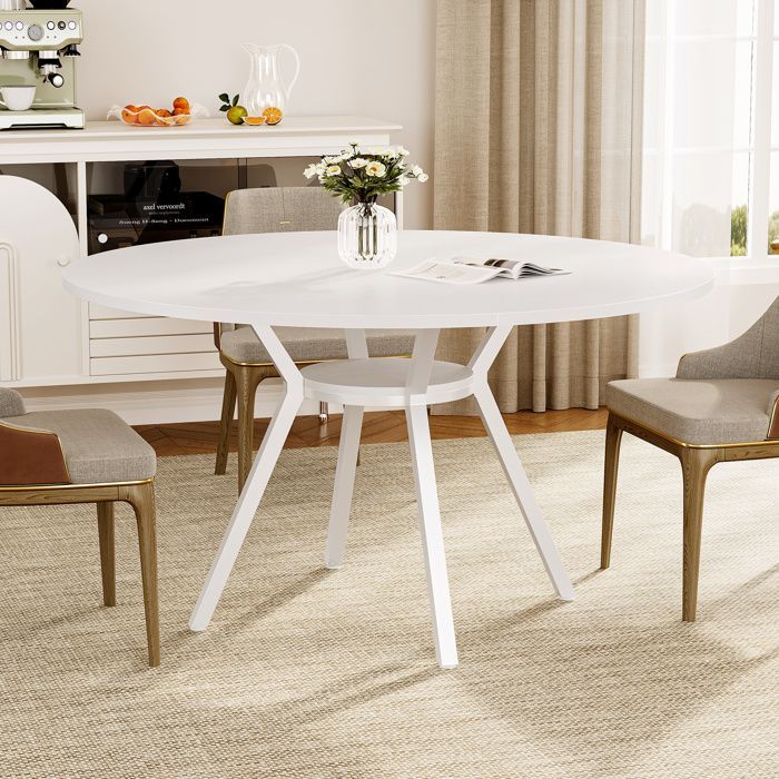 Tavolo da pranzo rotondo, Little Tree, 120×120×75 cm, tavolo da cucina con piano effetto MDF e gambe in metallo, bianco